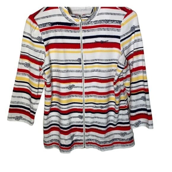 Chicos Weekends Zip Jacket Medium Red Yellow Stripe Knit Casual - Picture 3 of 12